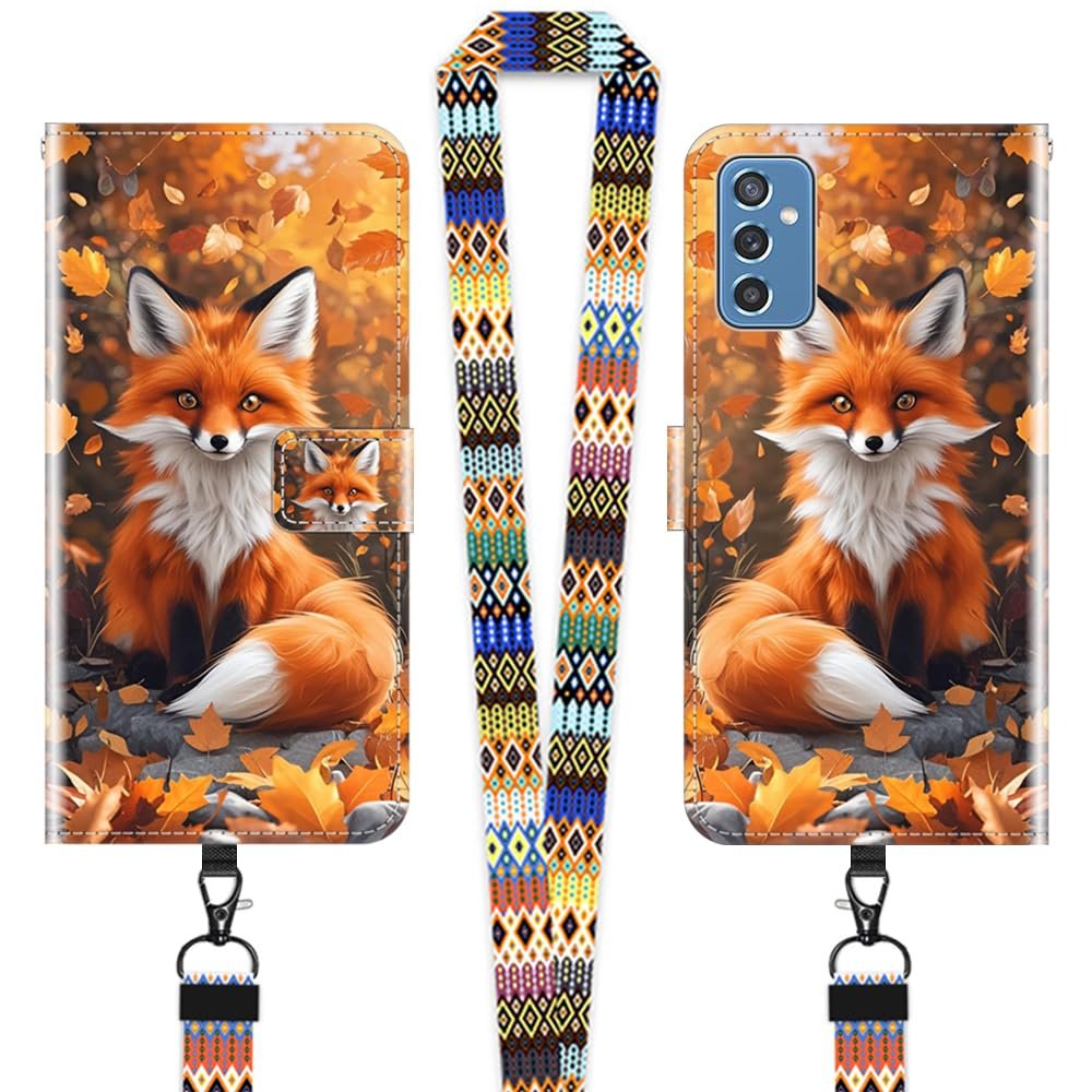 JEZSTHAI Flip Case for Samsung Galaxy M52 5G with Red Fox Pattern and Crossbody Strap