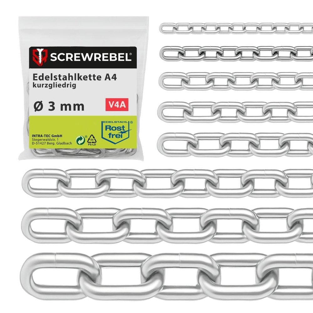 SCREW REBEL 3.0 mm A4 Stainless Steel Chain, 2 x 25 cm