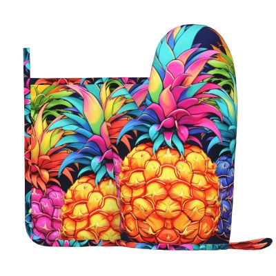 Pineapple Oven Mitts and Pot Holders, Extra-Long Non-Slip Silicone Gloves, 2-Piece Set