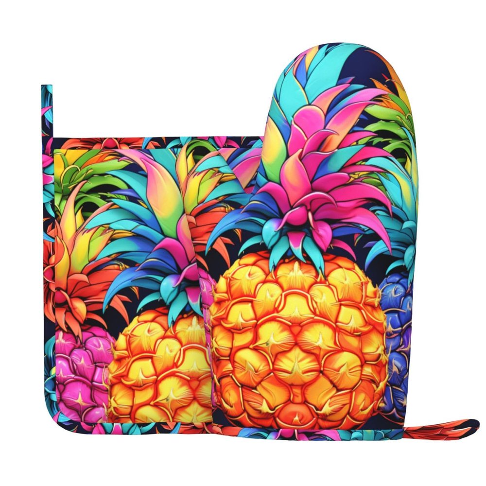 Pineapple Oven Mitts and Pot Holders, Extra-Long Non-Slip Silicone Gloves, 2-Piece Set