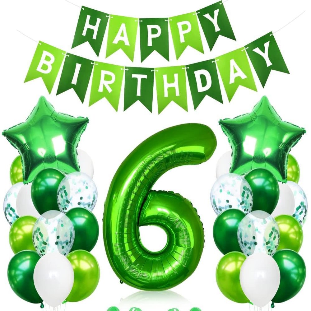 Green Birthday Decoration Set with Number 6 Foil Balloon