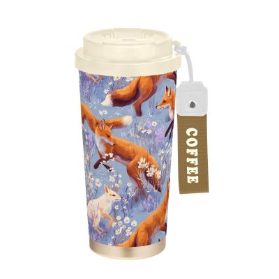 OWFKAY Insulated Stainless Steel Tumbler with Flip Straw Lid, Leakproof, Reusable, Fox Floral Pattern