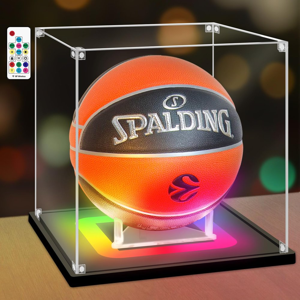 Nonemey Basketball Display Case with Colorful LED Lights, Acrylic Case with Stand, Black, 27 x 27 x 27 cm