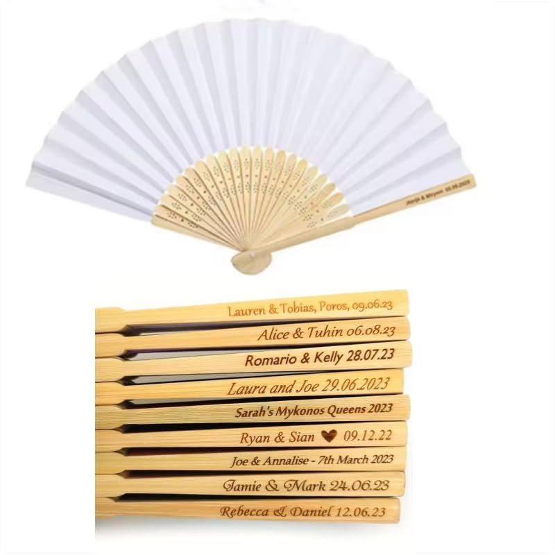 CAODAI Personalized Paper Hand Fans with Gift Bags, Engraving, White, 20 Count