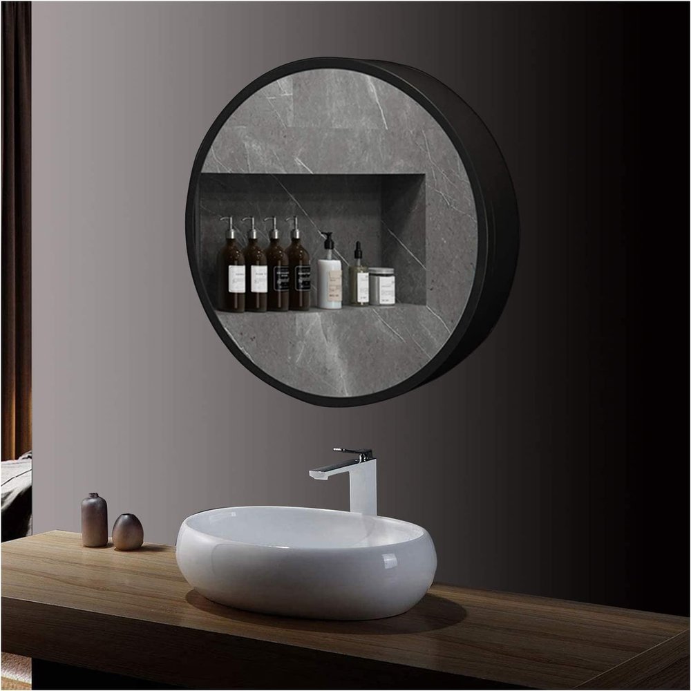 Dimmable Round LED Bathroom Mirror Cabinet, Wall-Mounted, Touch Control, Black, 70 cm