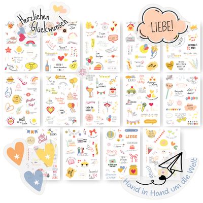 Wedding Guest Book Stickers (14 A5 Sheets, 281 Stickers) with German Text & Heart Motifs