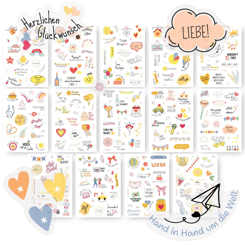 Wedding Guest Book Stickers (14 A5 Sheets, 281 Stickers) with German Text & Heart Motifs