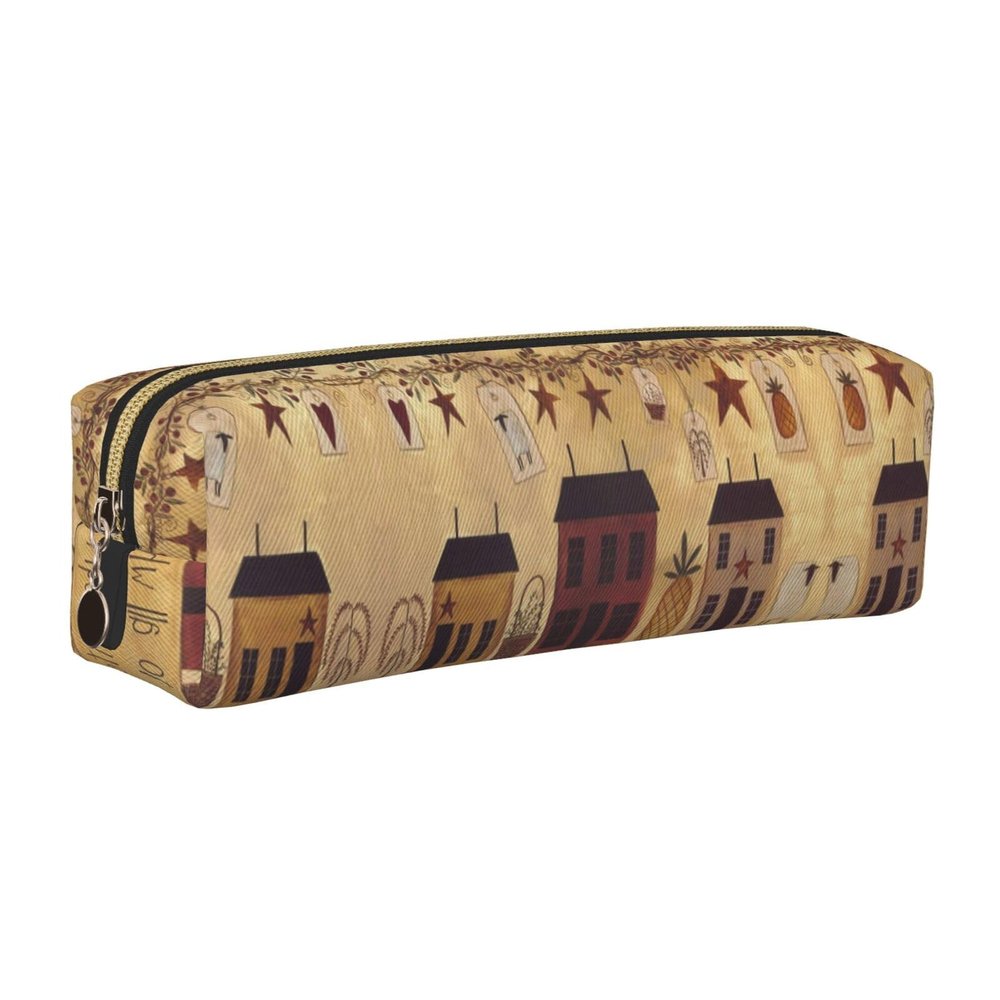 Fall Country Barn Leather Pencil Case with Smooth Zipper, Gold