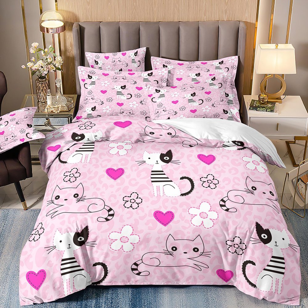 TKCQX Pink Cat and Flower Bedding Set, 135 x 200 cm