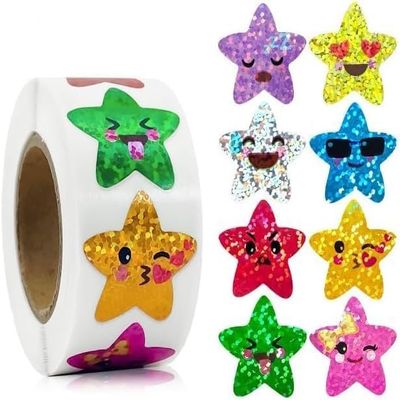 500 Multicolor Smiling Star Stickers, 8 Colors, 2.5 cm, Self-Adhesive Glitter Roll