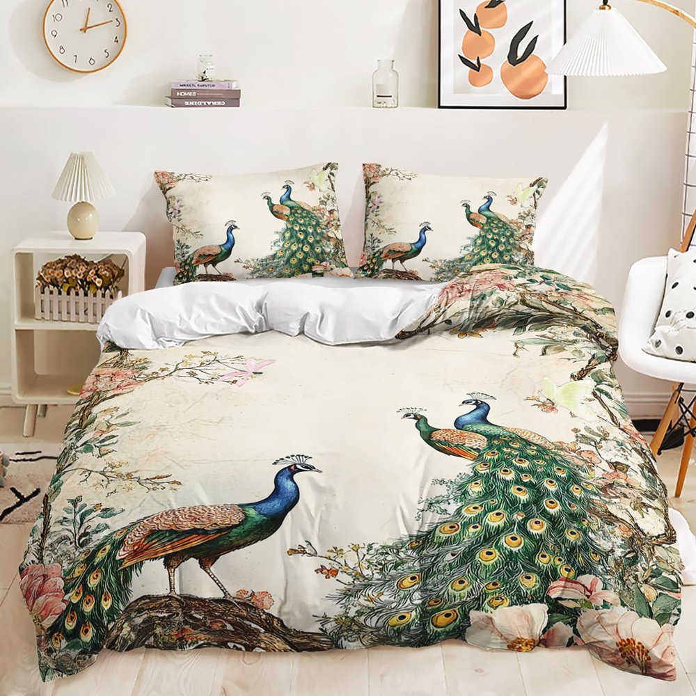 SJSXWQN Green Peacock Duvet Cover Set, 155 x 220 cm