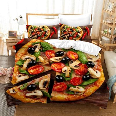 PUOJIEAT Pizza 3D Bedding Set, 200 x 200 cm, Soft Microfiber Duvet Cover with 2 Pillowcases
