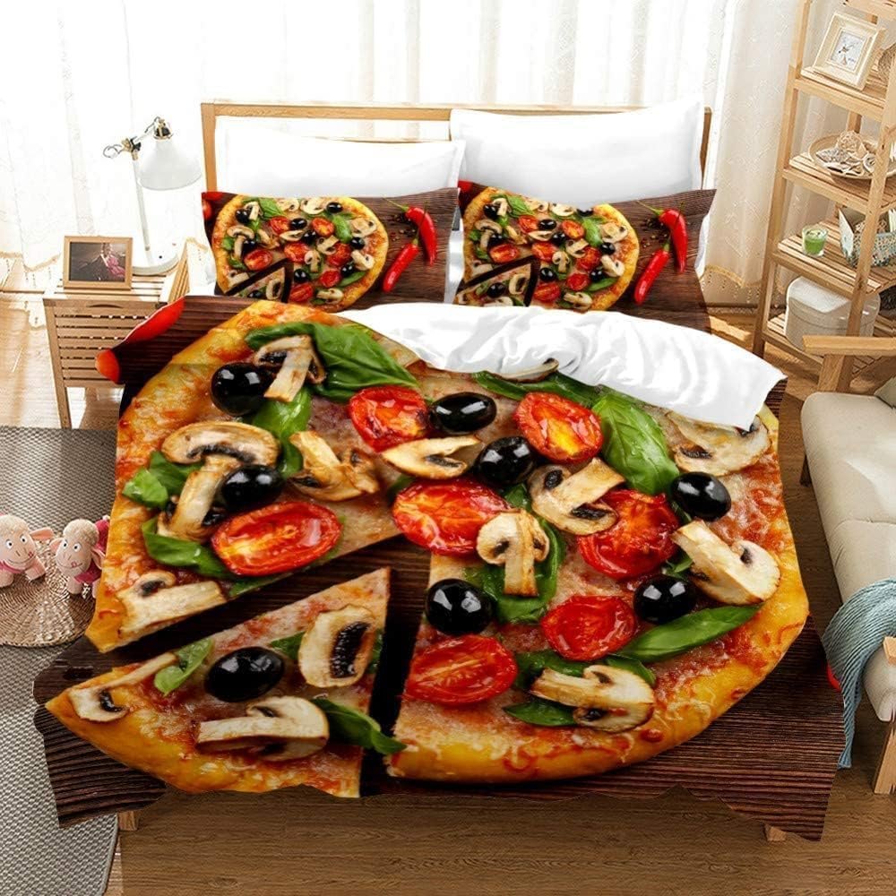 PUOJIEAT Pizza 3D Bedding Set, 200 x 200 cm, Soft Microfiber Duvet Cover with 2 Pillowcases