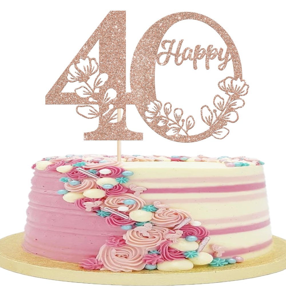 Xsstarmi Happy 40th Birthday Cake Topper, Glittery Rose Gold, 40th Birthday Cake Decoration, 1 Pack