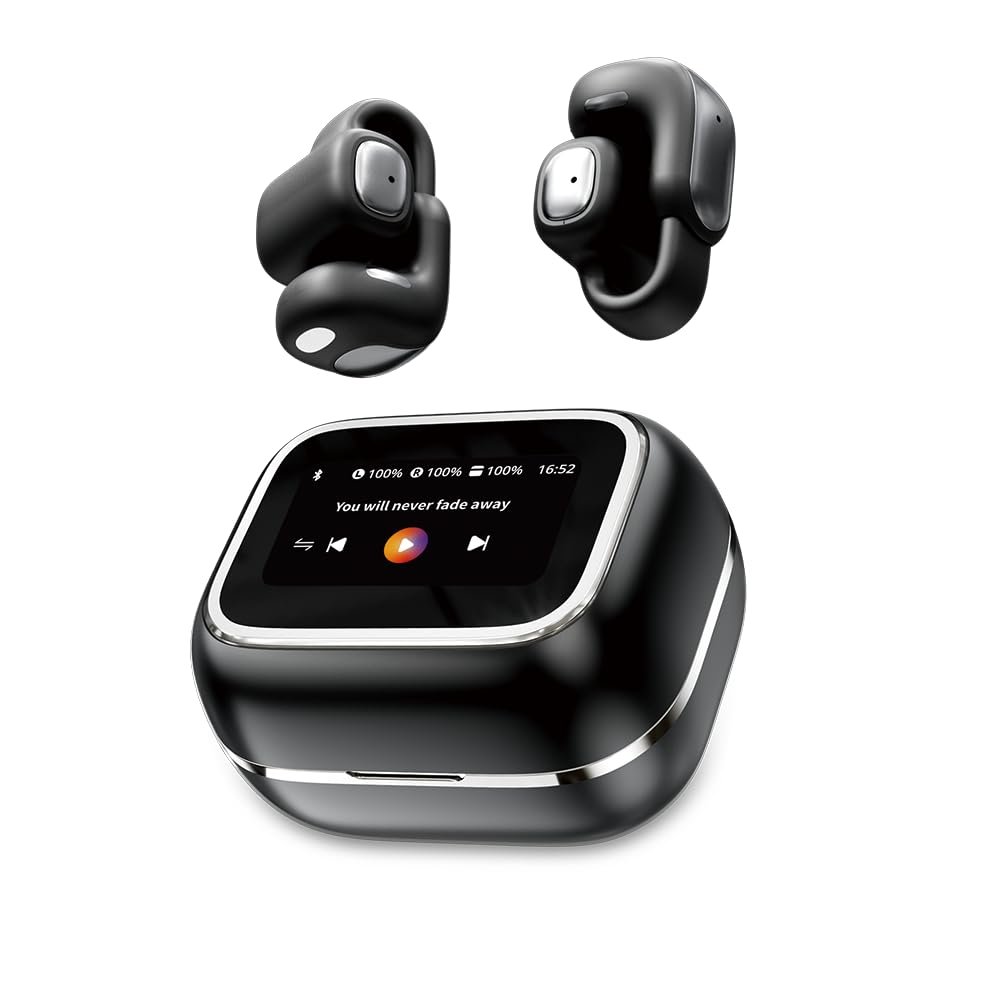 Micool Touchscreen Ear Clip Bluetooth 5.4 Headphones, Open-Ear Wireless Earbuds, 25-Hour Playtime, TF Card, Full-Color Display (Black)