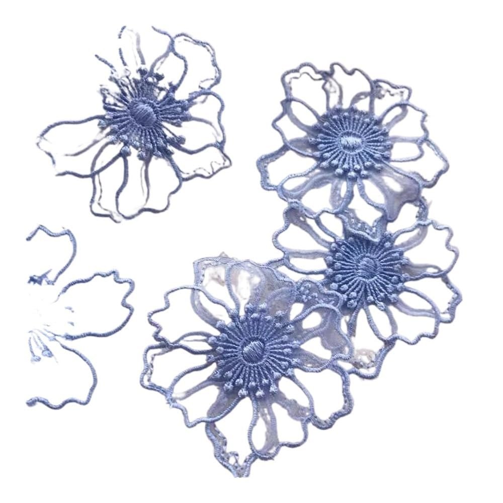 5-Piece Double-Layer Embroidered Floral Lace Appliqué, 6.5 cm Wide, Blue