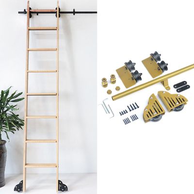 Library Ladder Hardware Set, Gold-Tone Round Steel, Mobile Rail with Floor Wheels, Rail Set without Ladder (500 cm), for Home and Office, 10 m