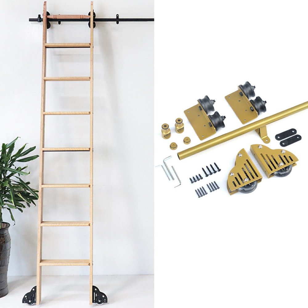 Library Ladder Hardware Set, Gold-Tone Round Steel, Mobile Rail with Floor Wheels, Rail Set without Ladder (500 cm), for Home and Office, 10 m