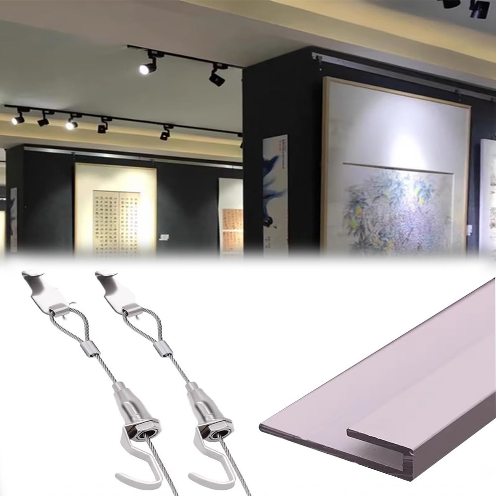 Silver Picture Rail Hanging System with D-Rings and Hooks
