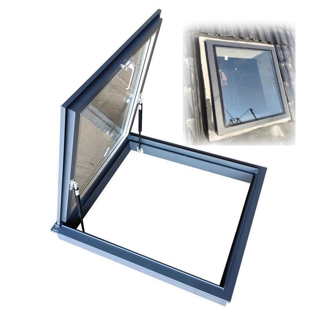 WhamtL Roof Window Emergency Exit Hatch, Lockable Flat Skylight with Aluminum Frame and Reinforced Glass, Rain Shield (80 x 45 cm / 31.5 x 17.7 in)