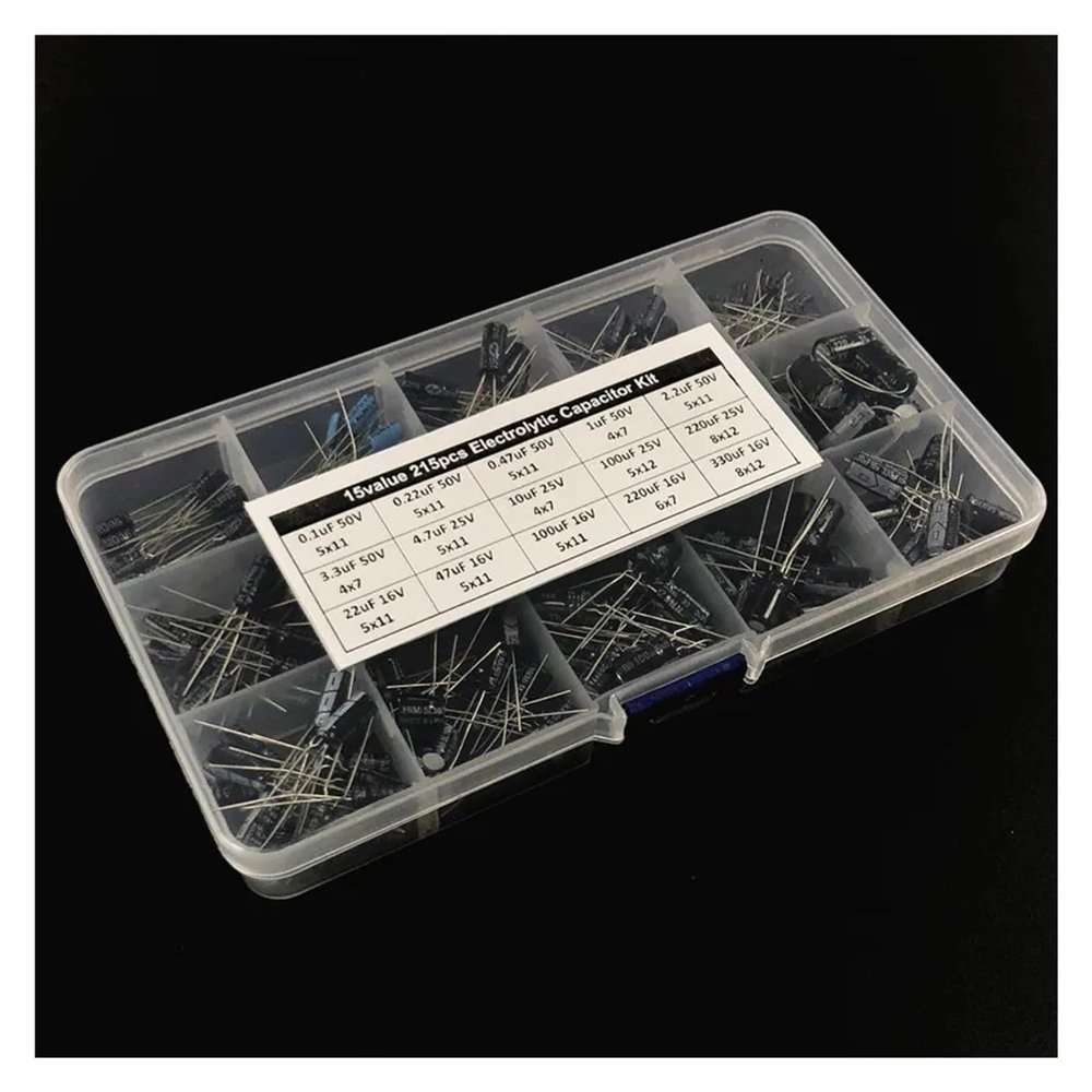DSZUJTYROP 215-Piece Mixed Electrolytic Capacitor Kit, 15 Values, 16V/25V/50V, 0.1µF–330µF, with Storage Box