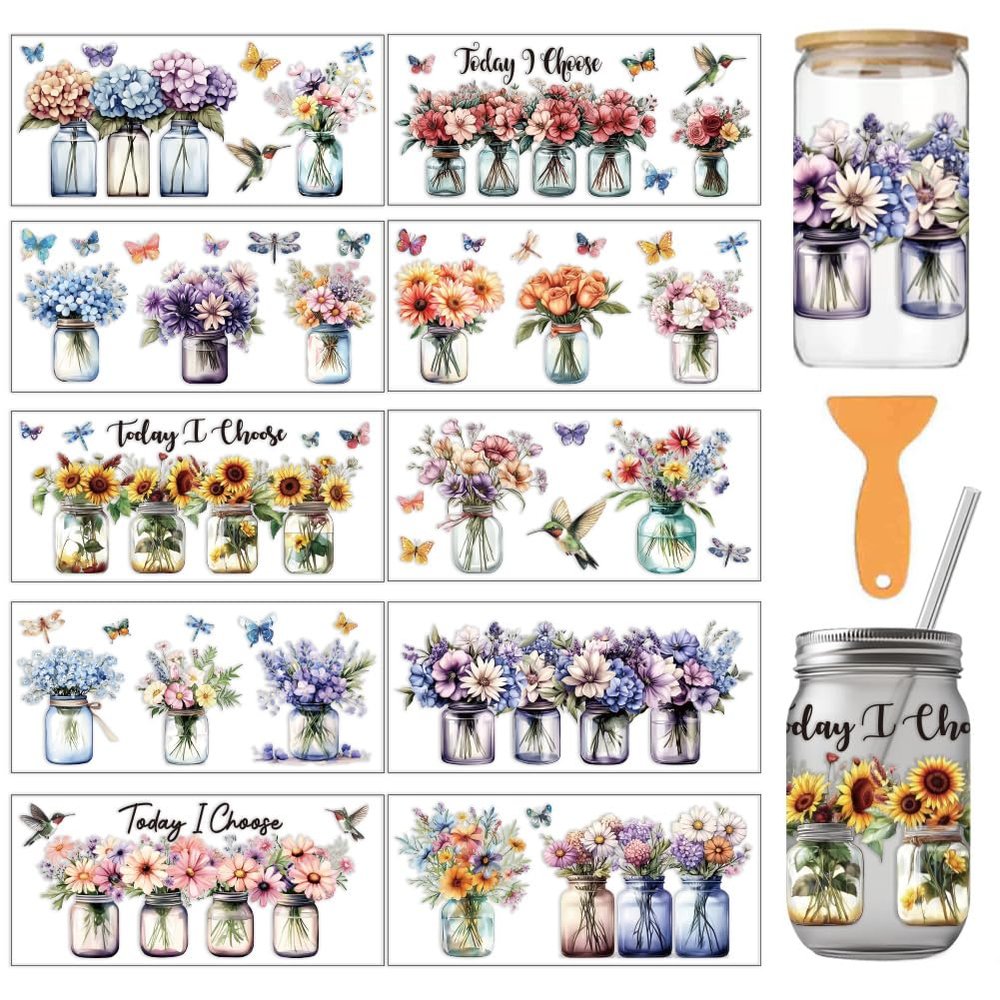arricraft 10-Piece PVC Transfer Sticker Set with Colorful Flower Vase Designs, UV-Waterproof
