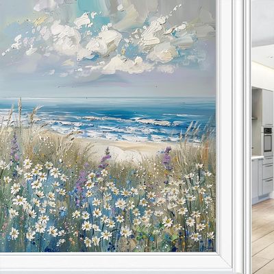 Abstract Daisy Window Film, Beach, Flower, Nature, Wildflower, Frosted Glass, Decorative Static Cling for Home, 90 x 140 cm