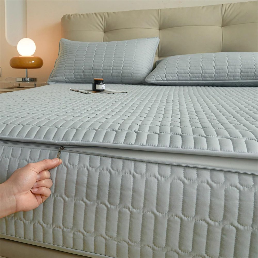 360° Zipper Mattress Cover, Polyester-Cotton, Removable, Light Blue, 140 x 190 + 5 cm