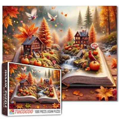 1000-Piece Fall Landscape Puzzle for Adults, Wooden Cabin on a Book, Challenging Puzzle for Game Nights, DIY Wall Decor, Maple Leaves