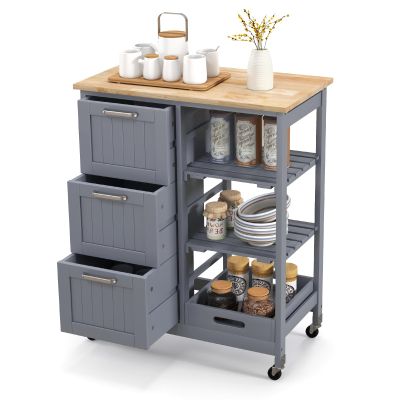 KOMFOTTEU Kitchen Cart, Kitchen Cabinet with Countertop, 3 Drawers and Storage Shelves, Serving Cart for Kitchen and Dining Room, 67 x 37 x 84 cm (Gray)