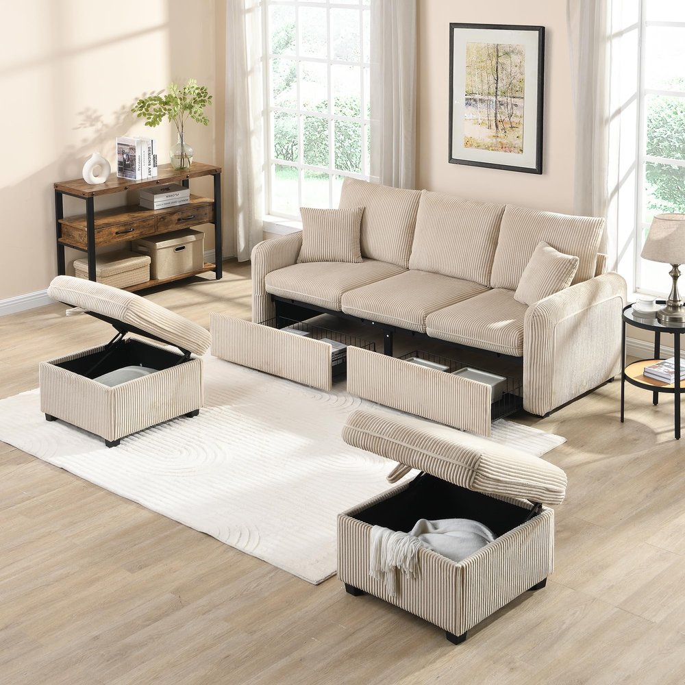 Soweiz Multifunctional U-Shaped 3-Seater Corner Sofa with Storage, Beige Corduroy, 188 x 82 x 86 cm