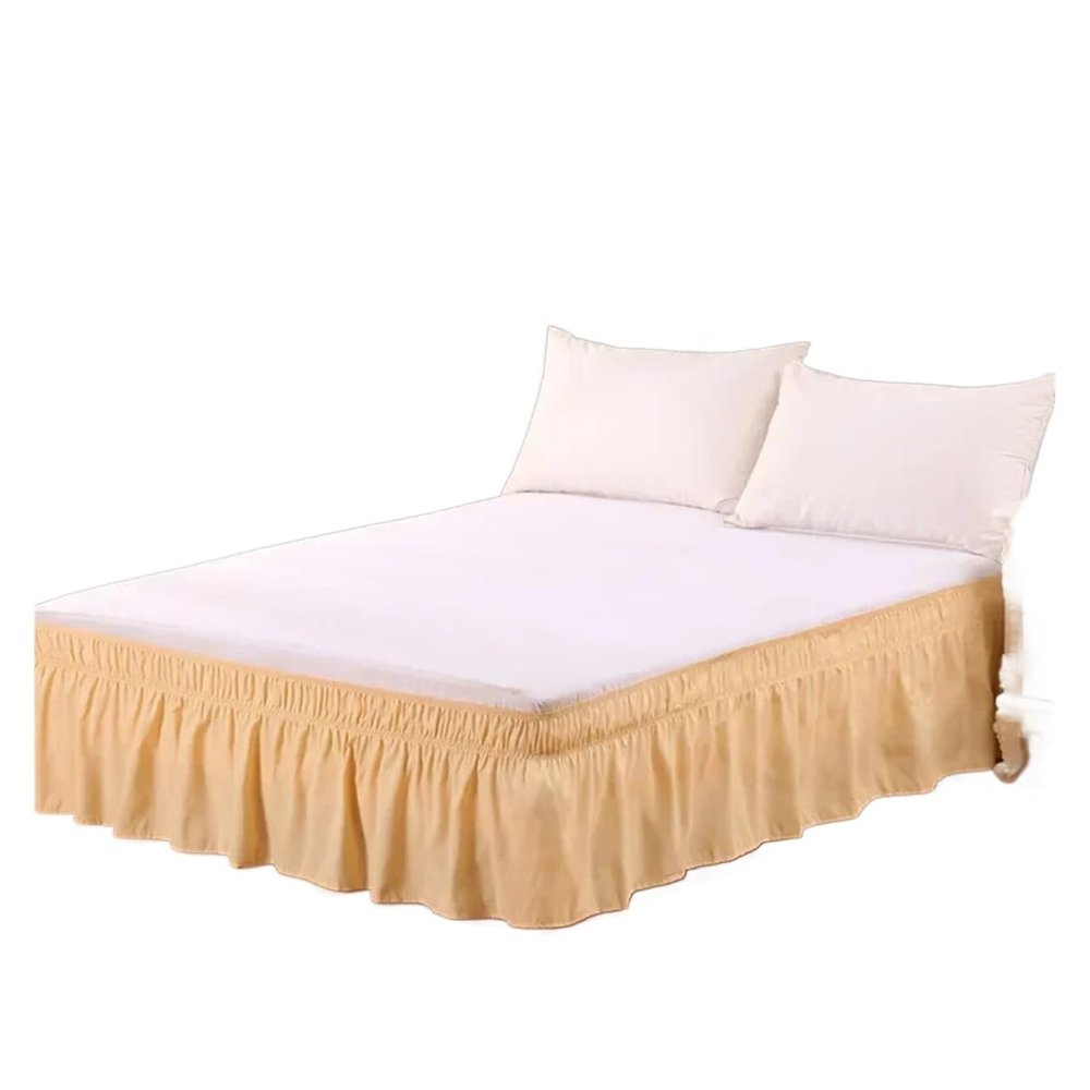 Elastic Ruffled Bed Skirt, Solid Beige, Wrap-Around Style, Queen 153 × 20