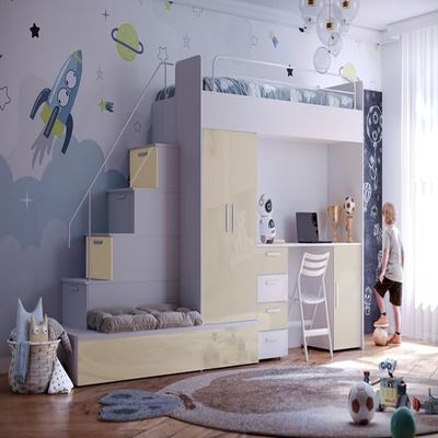 Generic TOMI 5 Bunk Bed with Desk, Wardrobe, Stairs and Guest Bed, High-Gloss Finish