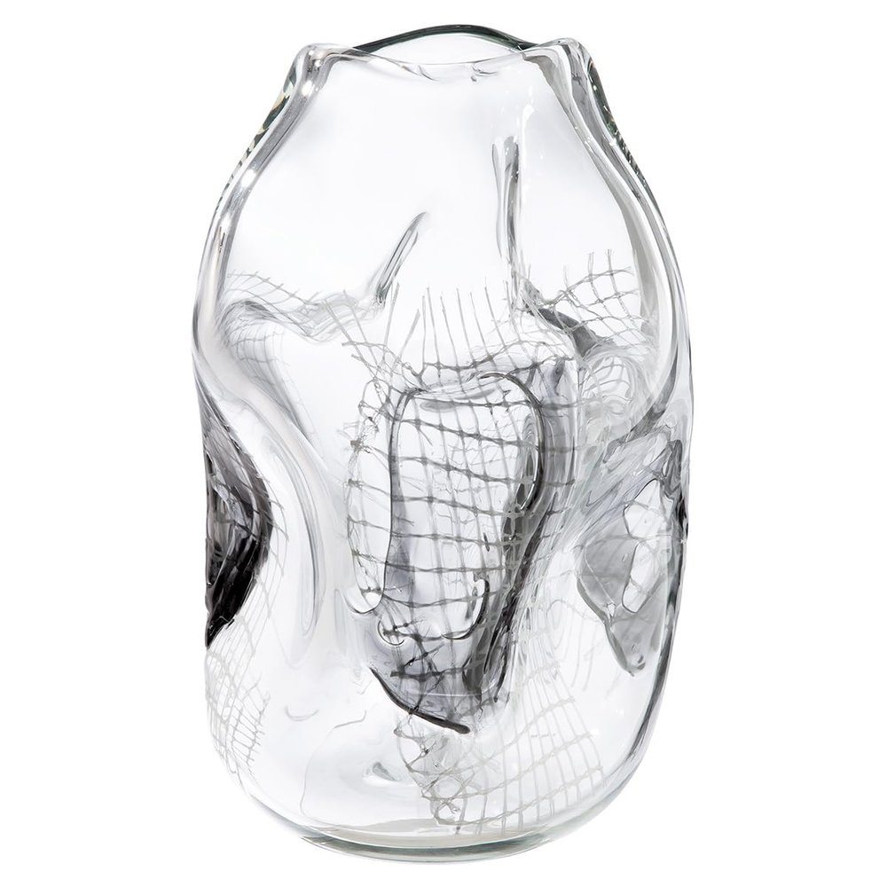 Glass Art Vase Grid, Clear and Black, 32 cm