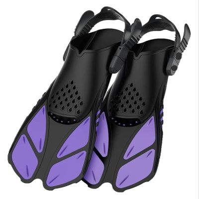 MEMEM Snorkeling Fins, Adjustable Buckles, Short Silicone Swim Fins, Open Heel, Travel Size, Training Fins for Adults and Men (Purple, S/M)
