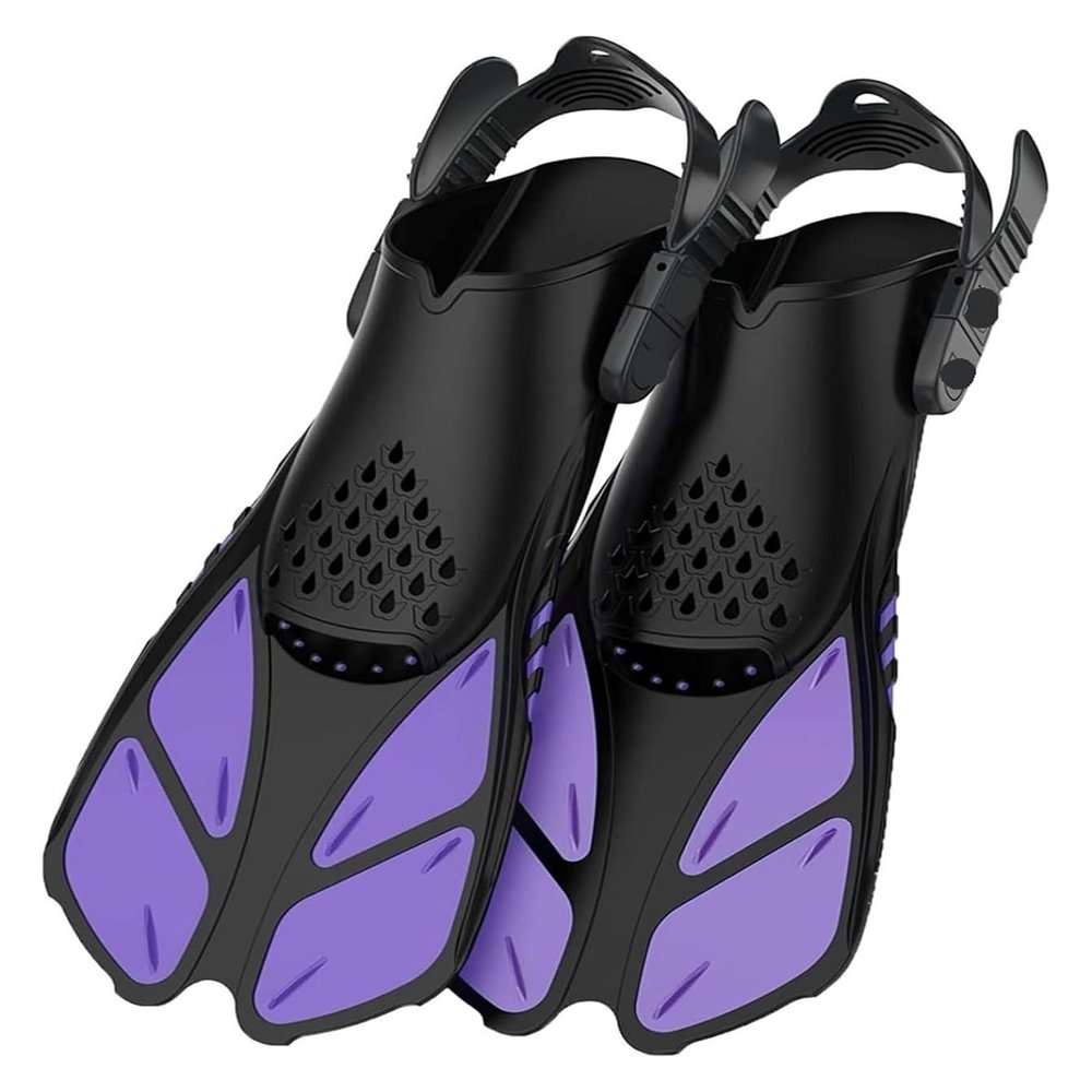 MEMEM Snorkeling Fins, Adjustable Buckles, Short Silicone Swim Fins, Open Heel, Travel Size, Training Fins for Adults and Men (Purple, S/M)