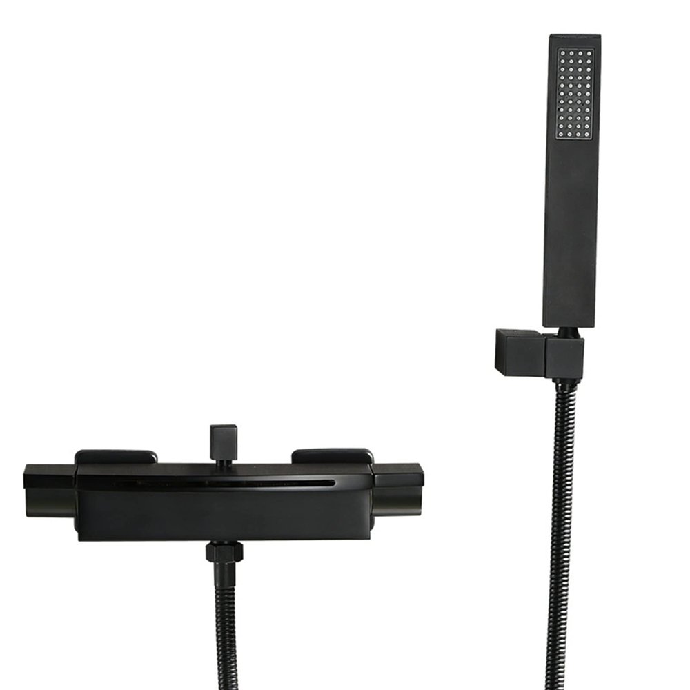 Waterfall Wall-Mount Bathtub Faucet with Handheld Shower, 2-Handle Hot/Cold Mixer, Black