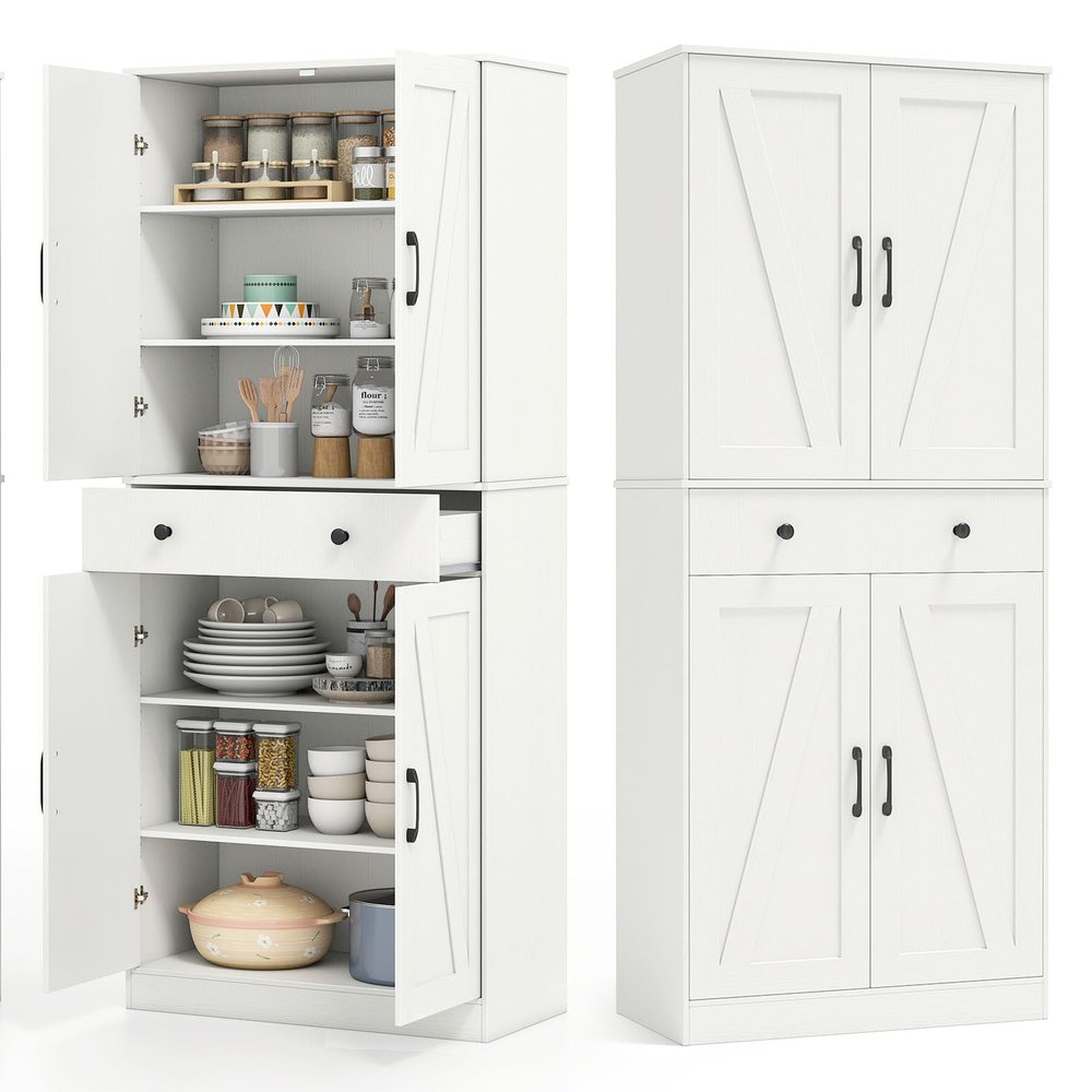 KOMFOTEU 183 cm Tall Kitchen Cabinet with Double Doors, Drawer and 3 Adjustable Shelves, White