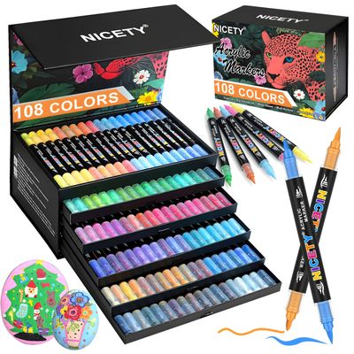 NICETY 108-Color Acrylic Marker Set, Dual Tip, 15 mm Brush & 1 mm Fine Tip