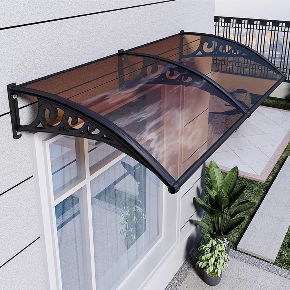 Waterproof Outdoor Door Awning, Polycarbonate Roof and Aluminum Frame, 120 x 160 cm, Brown