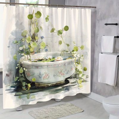 Rustic Shower Curtain with Daisy Motif, Vintage Farmhouse Style, Lotus and Water Design, 66 x 72 in