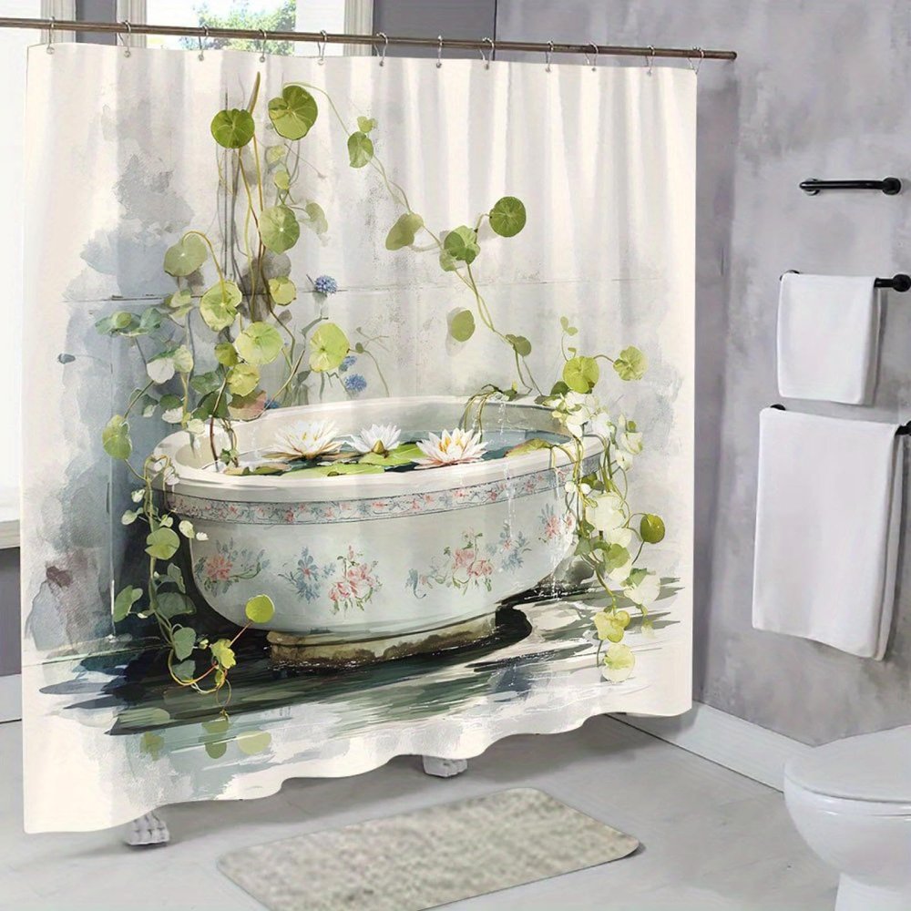Rustic Shower Curtain with Daisy Motif, Vintage Farmhouse Style, Lotus and Water Design, 66 x 72 in