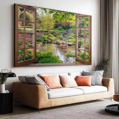 Canvas Wall Art 120 x 60 cm, 3D Window View Stream Landscape