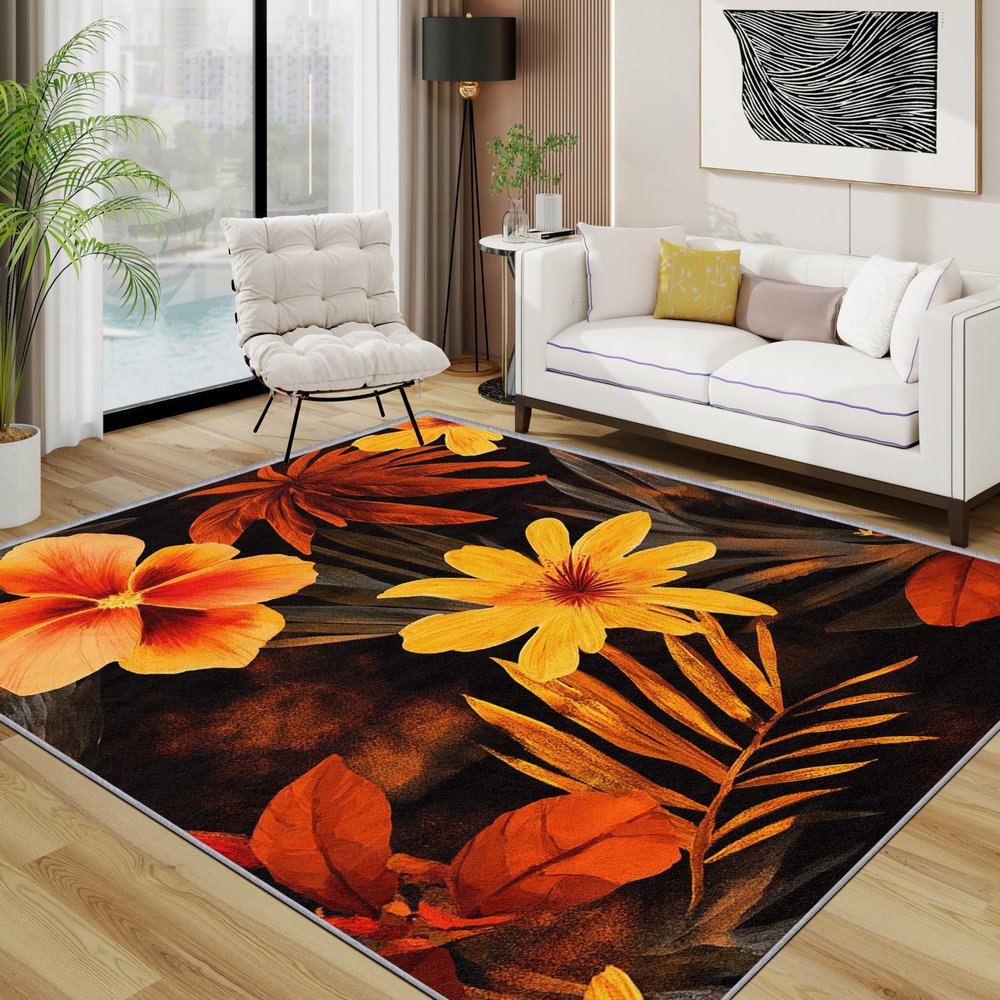 TerroVee Tropical Floral Rug 160 x 230 cm, Orange and Yellow