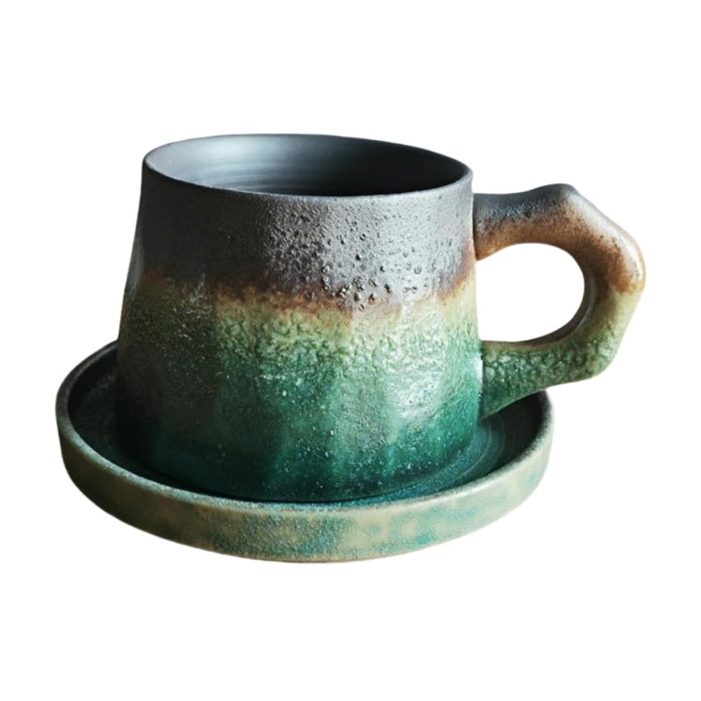 HUMOCHUSON Retro Ceramic Cappuccino Cup and Saucer Set, 310 ml, Foaming Green