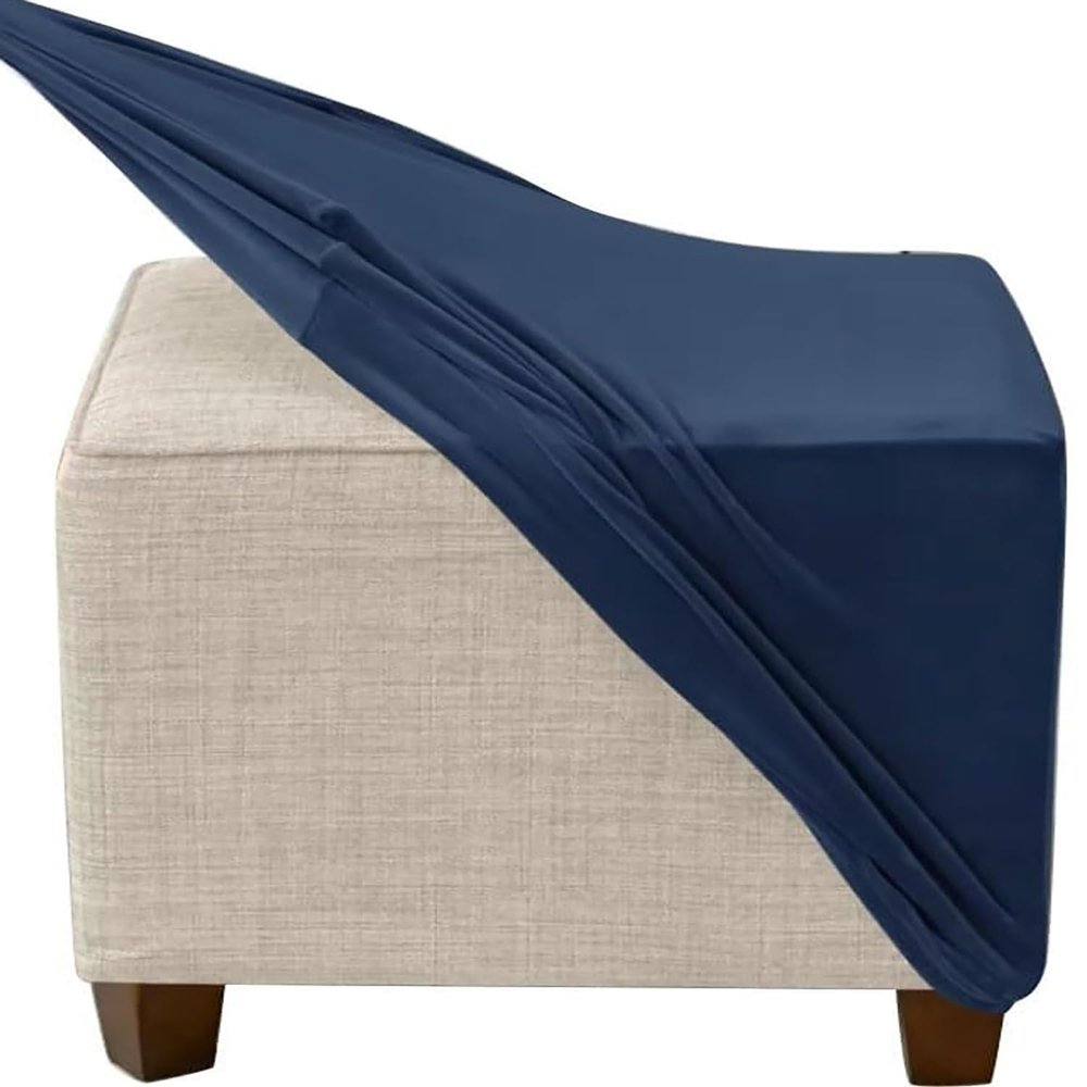 QOEUIUJ Velvet Square Ottoman Cover, Stretch Slipcover with Elastic Bottom, Washable Protector, Navy, 110 cm/44 in