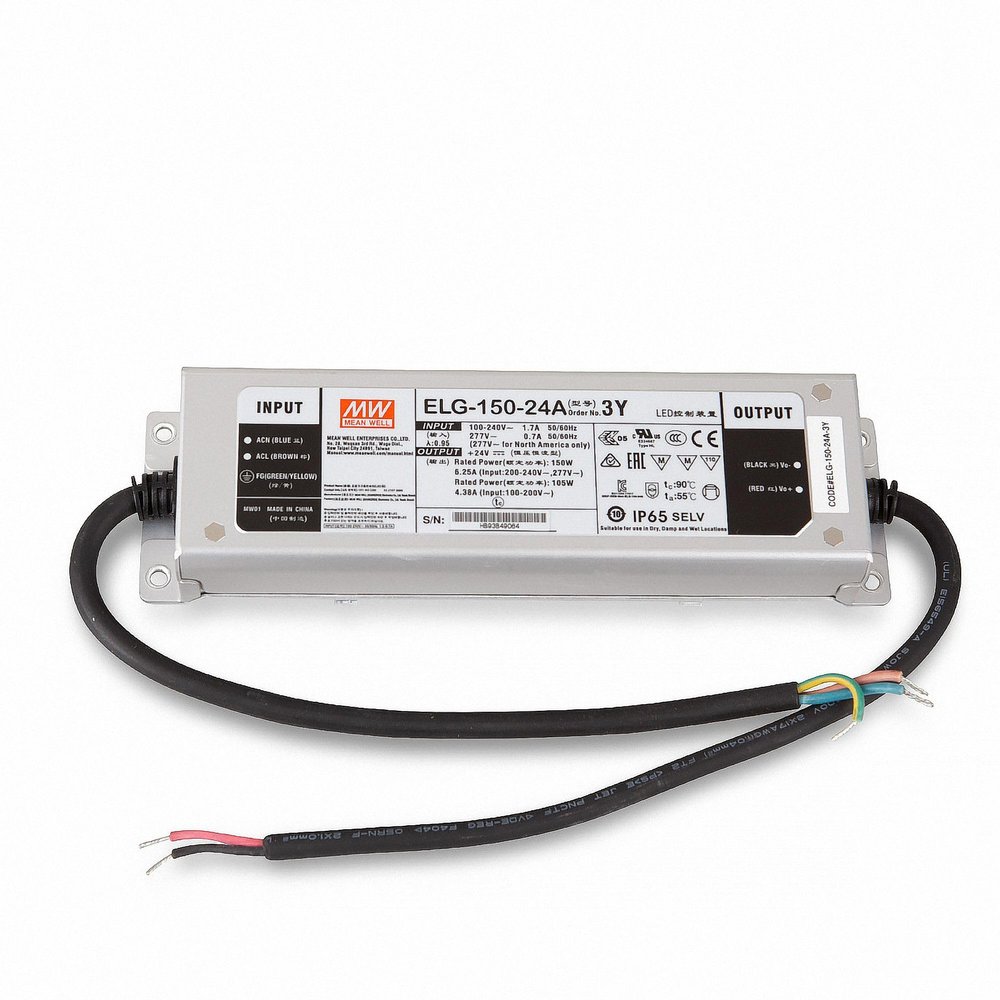 MEAN WELL ELG-150-24A-3Y Power Supply Transformer, 26.4 V DC, 0–6.25 A, 150 W, IP65, for Lighting