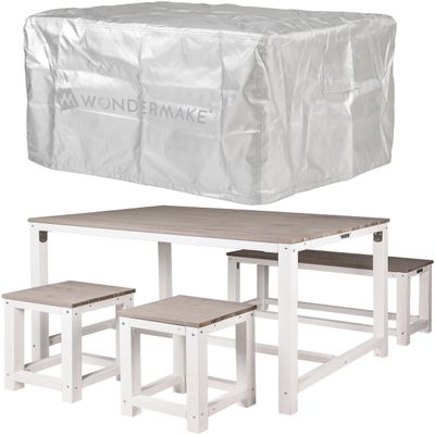 WONDERMAKE Wooden Dining Set for 4 with Cover, Weather-Resistant and Space-Saving, White/Gray