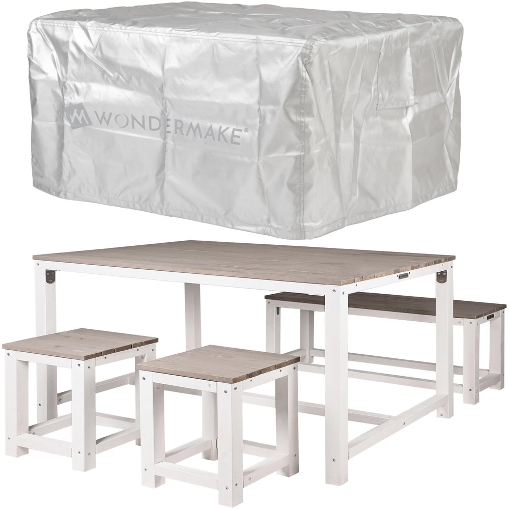 WONDERMAKE Wooden Dining Set for 4 with Cover, Weather-Resistant and Space-Saving, White/Gray