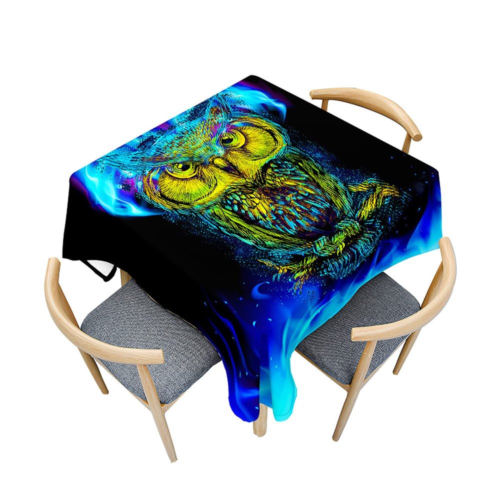Fasbuy Washable Square Tablecloth, 3D Owl Pattern, Lotus Effect, Stain-Resistant, Blue Flame, 85 x 85 cm, 4 Clips